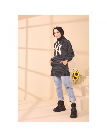 Tunique Sweat-shirt à capuche pour femme imprimé NY avec rayures - Couleur noir 