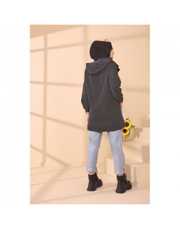 Tunique Sweat-shirt à capuche pour femme imprimé NY avec rayures - Couleur noir 