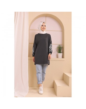 Tunique décontractée avec manches à motif fleurs (Tenue Hijab pour femme musulmane) - Couleur anthracite 