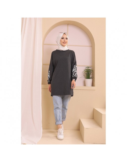 Tunique décontractée avec manches à motif fleurs (Tenue Hijab pour femme musulmane) - Couleur anthracite Tunique décontractée avec manches à motif fleurs (Tenue Hijab pour femme musulmane) - Couleur anthracite