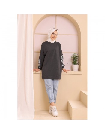 Tunique décontractée avec manches à motif fleurs (Tenue Hijab pour femme musulmane) - Couleur anthracite 