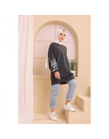 Tunique décontractée avec manches à motif fleurs (Tenue Hijab pour femme musulmane) - Couleur anthracite 