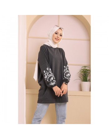 Tunique décontractée avec manches à motif fleurs (Tenue Hijab pour femme musulmane) - Couleur anthracite 