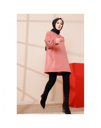Tunique décontractée avec manches à motif fleurs (Tenue Hijab pour femme musulmane) - Couleur rose 