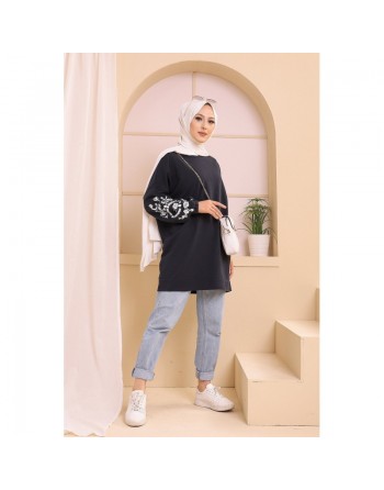 Tunique décontractée avec manches à motif fleurs pour femme (Tenue Hijab moderne) - Couleur bleu marine 