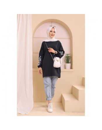 Tunique décontractée avec manches à motif fleurs pour femme (Tenue Hijab moderne) - Couleur bleu marine 