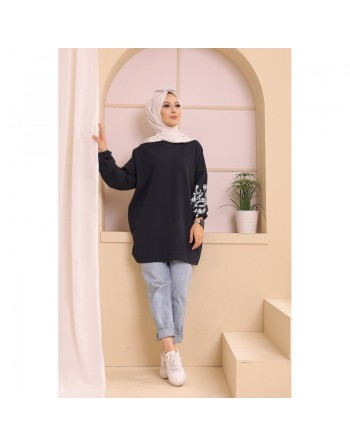 Tunique décontractée avec manches à motif fleurs pour femme (Tenue Hijab moderne) - Couleur bleu marine 