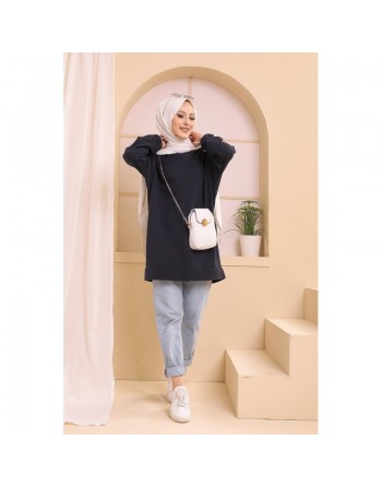 Tunique décontractée avec manches à motif fleurs pour femme (Tenue Hijab moderne) - Couleur bleu marine 