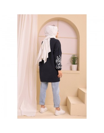 Tunique décontractée avec manches à motif fleurs pour femme (Tenue Hijab moderne) - Couleur bleu marine 