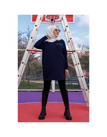 Tunique décontractée avec grande poche (Sweat femme Hijab) - Couleur bleu nuit 