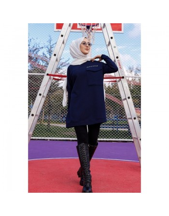 Tunique décontractée avec grande poche (Sweat femme Hijab) - Couleur bleu nuit 