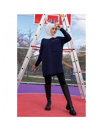 Tunique décontractée avec grande poche (Sweat femme Hijab) - Couleur bleu nuit 