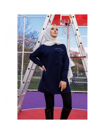 Tunique décontractée avec grande poche (Sweat femme Hijab) - Couleur bleu nuit 