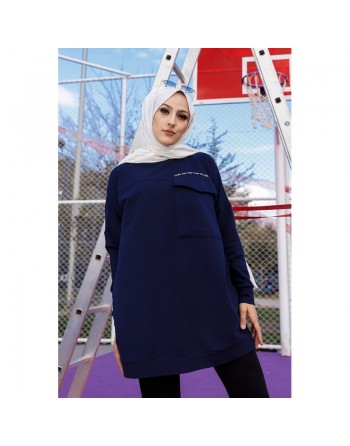 Tunique décontractée avec grande poche (Sweat femme Hijab) - Couleur bleu nuit 