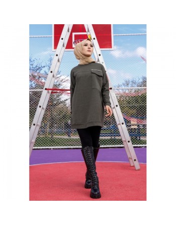 Tunique décontractée ample avec grande poche (Sweat femme Hijab) - Couleur kaki 
