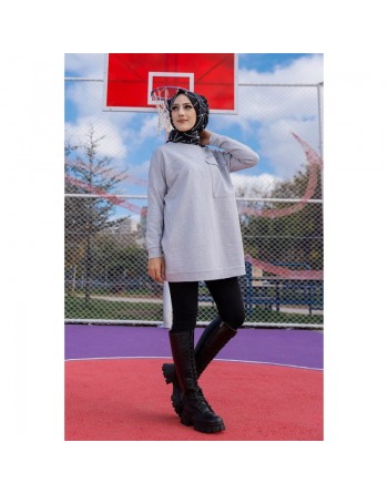 Tunique décontractée ample avec grande poche (Sweat-shirt femme - Modest Fashion) - Couleur gris clair 