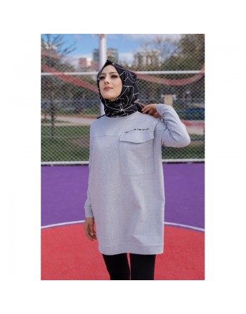 Tunique décontractée ample avec grande poche (Sweat-shirt femme - Modest Fashion) - Couleur gris clair 