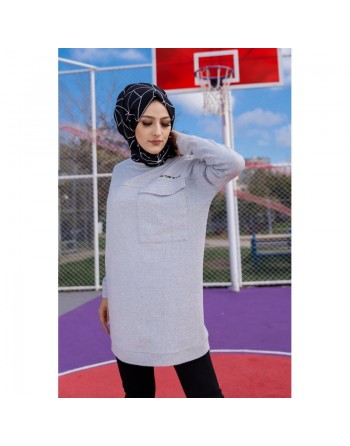 Tunique décontractée ample avec grande poche (Sweat-shirt femme - Modest Fashion) - Couleur gris clair 