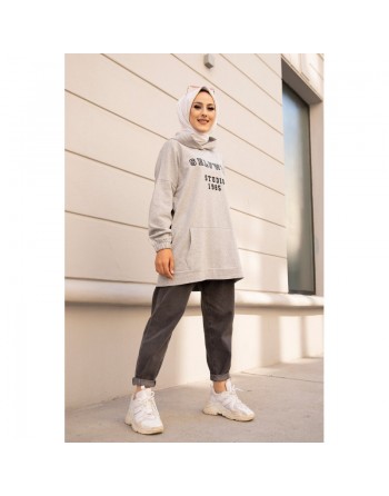 Sweat avec capuche imprimé pour femme - Couleur gris clair 