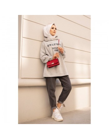 Sweat avec capuche imprimé pour femme - Couleur gris clair 