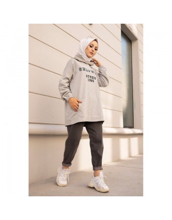 Sweat avec capuche imprimé pour femme - Couleur gris clair 