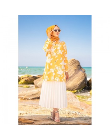 Tunique Chemise imprimée motifs fleurs (Vetement hijab été pour femme) - Couleur jaune 