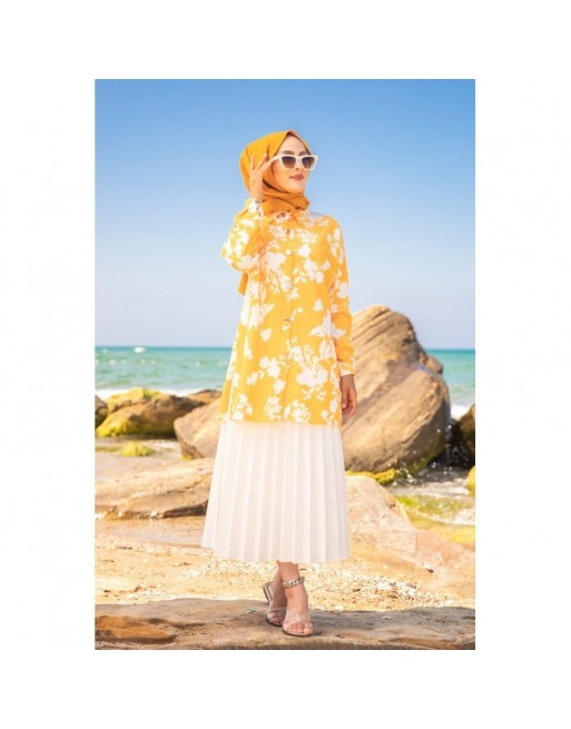 Tunique Chemise imprimée motifs fleurs (Vetement hijab été pour femme) - Couleur jaune Tunique Chemise imprimée motifs fleurs (Vetement hijab été pour femme) - Couleur jaune