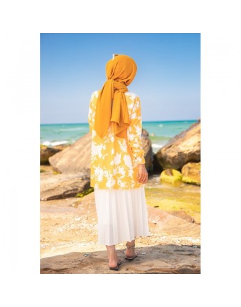 Tunique Chemise imprimée motifs fleurs (Vetement hijab été pour femme) - Couleur jaune 