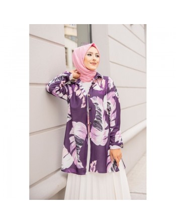 Tunique Chemise imprimée motifs fleurs (Vetement femme voilée) - Couleur Lilas 