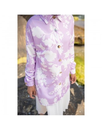 Tunique Chemise imprimée motifs fleurs (Vetement femme voilée) - Couleur Lilas 