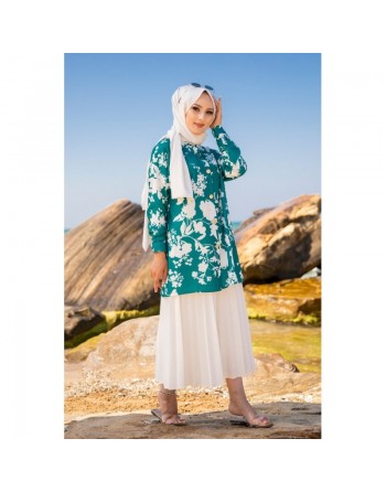 Tunique Chemise imprimée motifs fleurs (Vetement femme voilée) - Couleur vert émeraude 