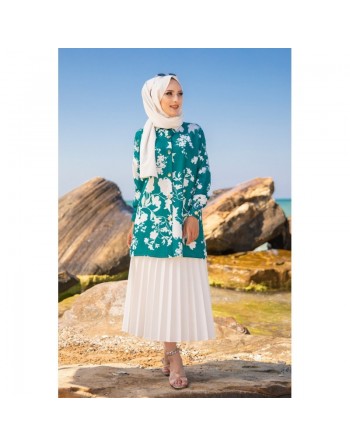 Tunique Chemise imprimée motifs fleurs (Vetement femme voilée) - Couleur vert émeraude 