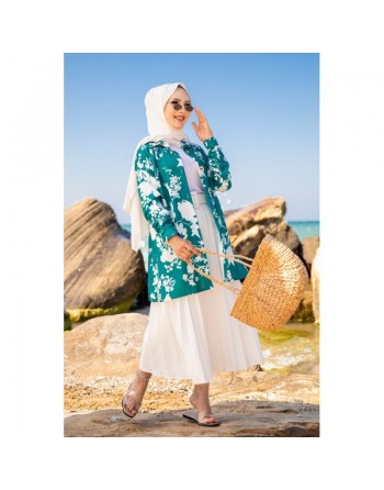 Tunique Chemise imprimée motifs fleurs (Vetement femme voilée) - Couleur vert émeraude 