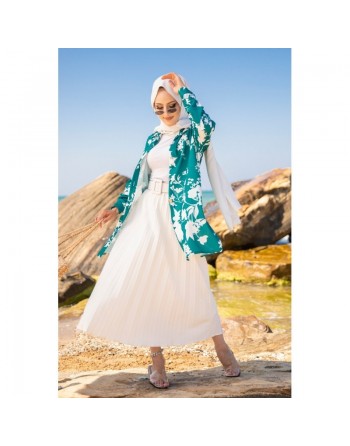 Tunique Chemise imprimée motifs fleurs (Vetement femme voilée) - Couleur vert émeraude 