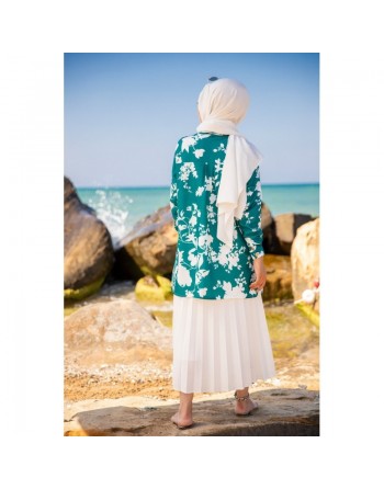 Tunique Chemise imprimée motifs fleurs (Vetement femme voilée) - Couleur vert émeraude 