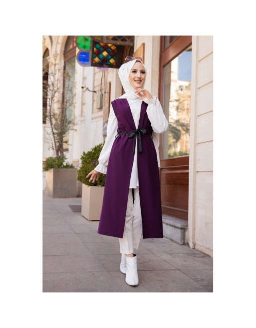 Gilet long sans manche avec ceinture (Tunique longue et mastour pour femme voilée) - Couleur Prune Gilet long sans manche avec ceinture (Tunique longue et mastour pour femme voilée) - Couleur Prune