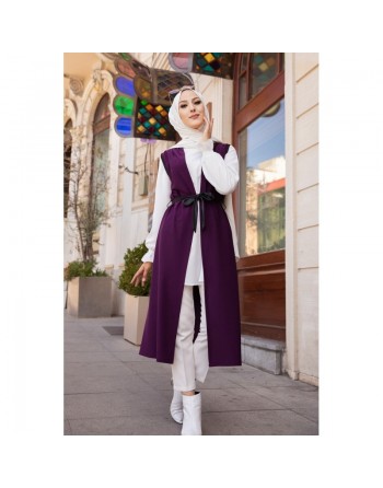 Gilet long sans manche avec ceinture (Tunique longue et mastour pour femme voilée) - Couleur Prune 