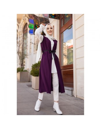 Gilet long sans manche avec ceinture (Tunique longue et mastour pour femme voilée) - Couleur Prune 