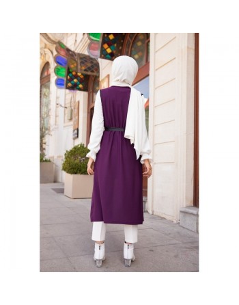 Gilet long sans manche avec ceinture (Tunique longue et mastour pour femme voilée) - Couleur Prune 