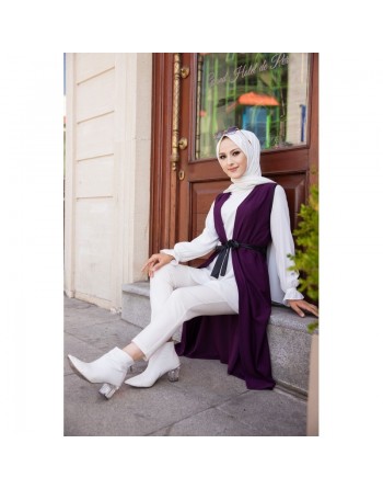 Gilet long sans manche avec ceinture (Tunique longue et mastour pour femme voilée) - Couleur Prune 