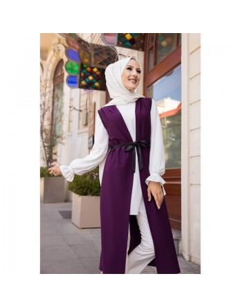 Gilet long sans manche avec ceinture (Tunique longue et mastour pour femme voilée) - Couleur Prune 