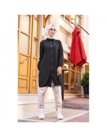 Chemise-Tunique boutonnée (Vetement Hijab casual et modeste pour femme voilée) - Couleur noir 