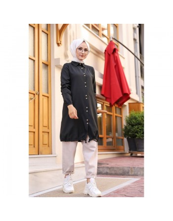 Chemise-Tunique boutonnée (Vetement Hijab casual et modeste pour femme voilée) - Couleur noir 