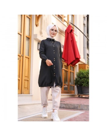 Chemise-Tunique boutonnée (Vetement Hijab casual et modeste pour femme voilée) - Couleur noir 