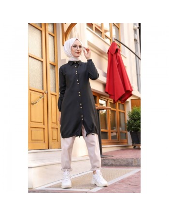 Chemise-Tunique boutonnée (Vetement Hijab casual et modeste pour femme voilée) - Couleur noir 