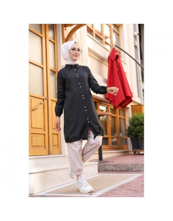 Chemise-Tunique boutonnée (Vetement Hijab casual et modeste pour femme voilée) - Couleur noir 