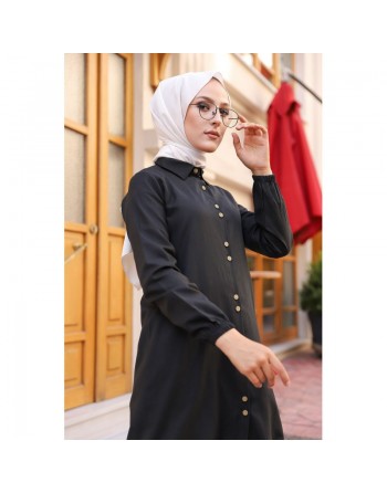 Chemise-Tunique boutonnée (Vetement Hijab casual et modeste pour femme voilée) - Couleur noir 