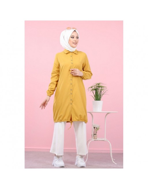Tunique-Chemise ample boutonnée (Vetement décontracté femme voilée) - Couleur jaune moutarde 