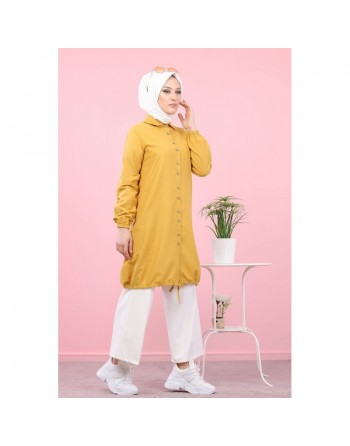 Tunique-Chemise ample boutonnée (Vetement décontracté femme voilée) - Couleur jaune moutarde 