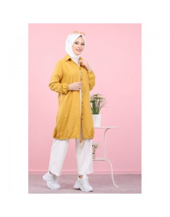 Tunique-Chemise ample boutonnée (Vetement décontracté femme voilée) - Couleur jaune moutarde 